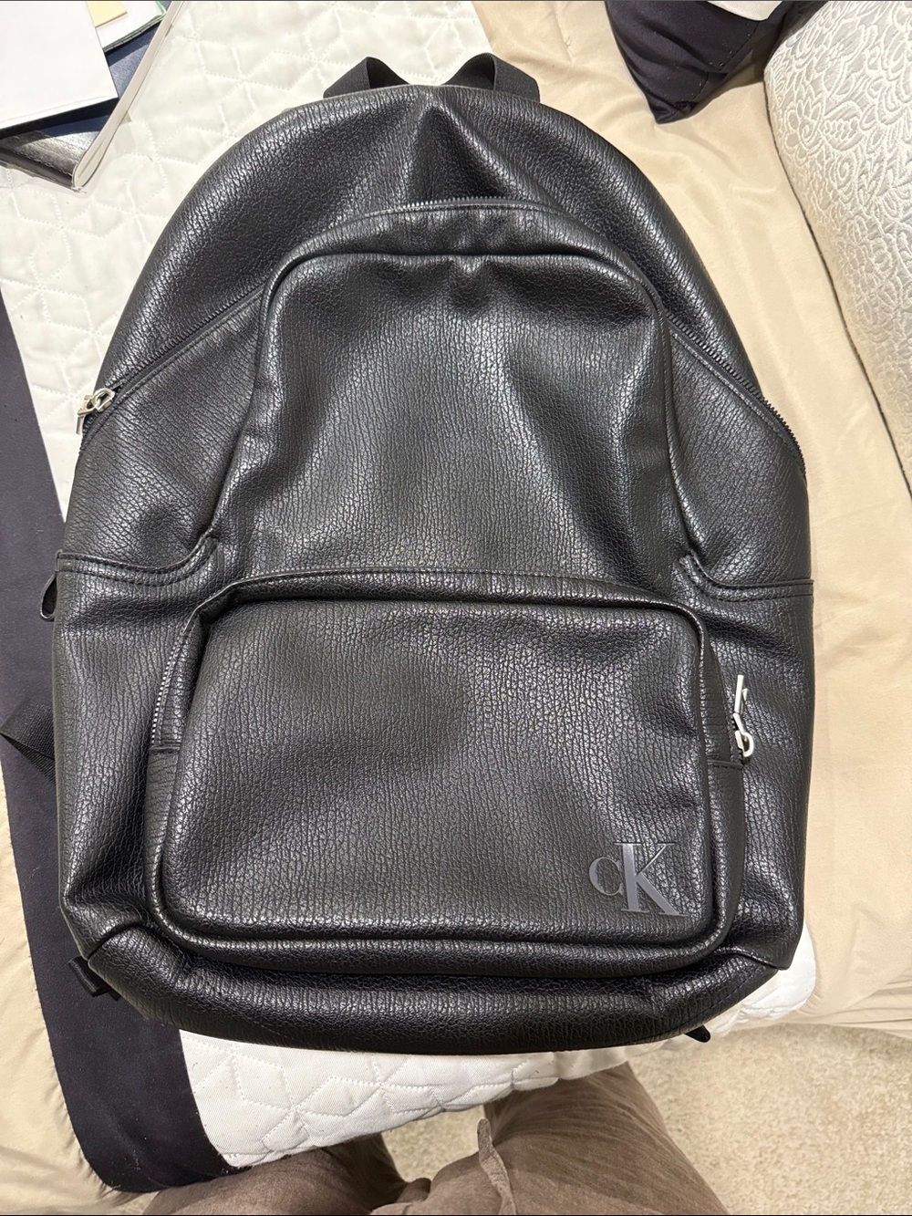 Calvin Klein Black Pebbled Leather Backpack with Front Pocket